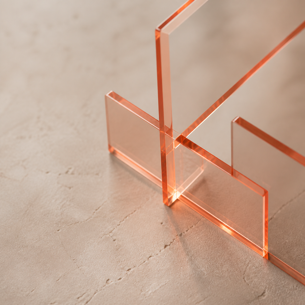 Precision-cut translucent acrylic components in warm orange light